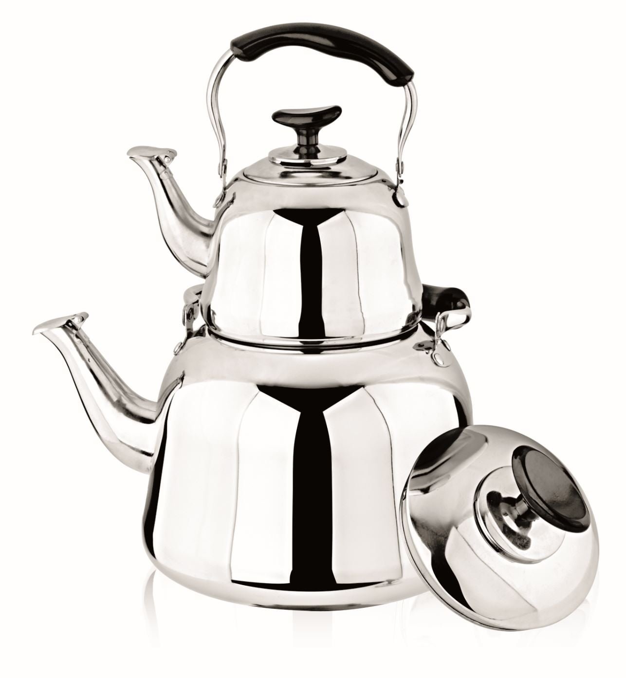 STACKED STAINLESS STEEL DOUBLE TEA KETTLE Set (1,3 L) Filter 12 Set